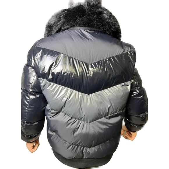 ↳ Unisex V Stripe Fur Collar Nylon Bomber Jacket Size XL Extra Large (2A-1JBR) - Picture 2 of 6